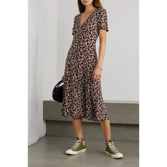 Reformation Brown White Floral Locklin Slit Midi Dress Size 2 - Picture 2 of 8